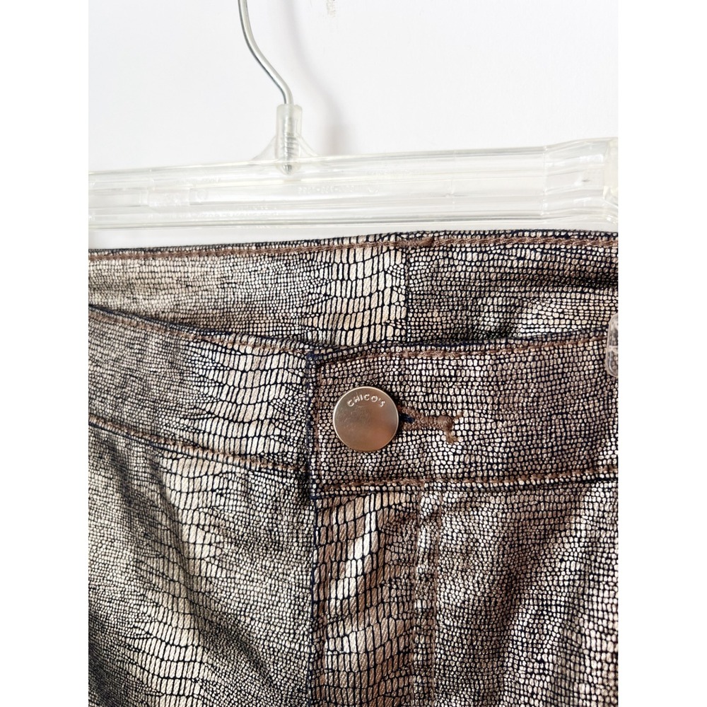 Chico's‎ Girlfriend Ankle Jeans Gold Metallic Snakeskin Print 18R 3.5R High Rise - Picture 2 of 6